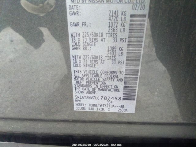 5N1AT2MV7LC787458 Nissan Rogue Sv Intelligent Awd
