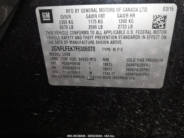 Chevrolet EQUINOX 1LT 2015 2GNFLFEK7F6306070 Image 9