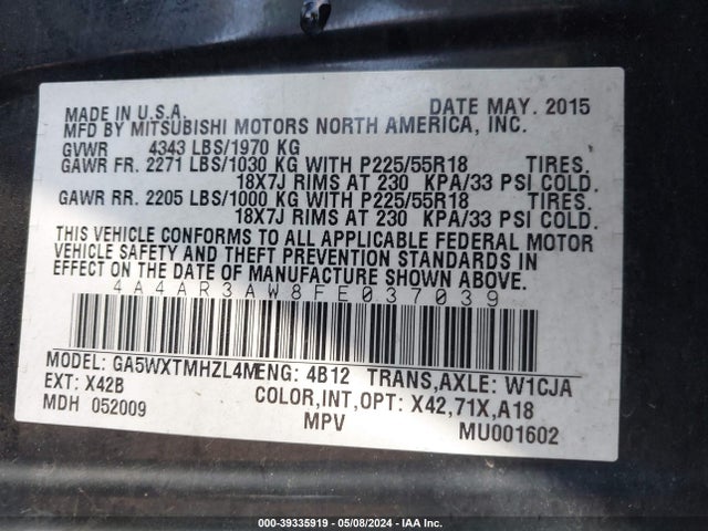 4A4AR3AW8FE037039 Mitsubishi Outlander Sport Es