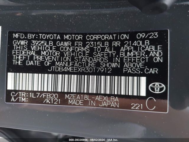 JTDB4MEEXR3017912 Toyota COROLLA LE