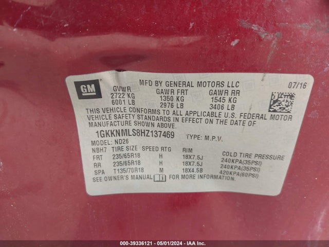 GMC Acadia Slt-1 2017 1GKKNMLS8HZ137469 Image 9