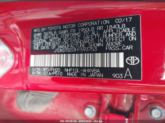 Toyota Prius C One 2017 JTDKDTB33H1593753 Image 9