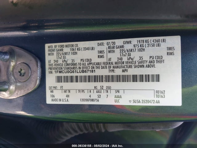Ford ESCAPE SE 2020 1FMCU0G61LUB67181 Image 9