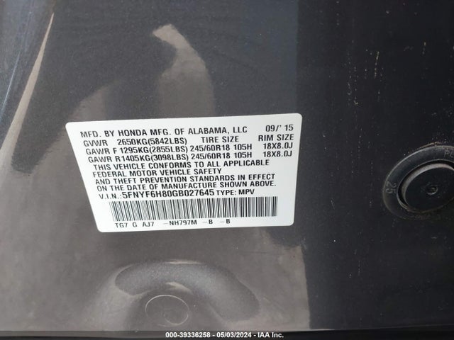 Honda Pilot Ex-l 2016 5FNYF6H80GB027645 Image 9