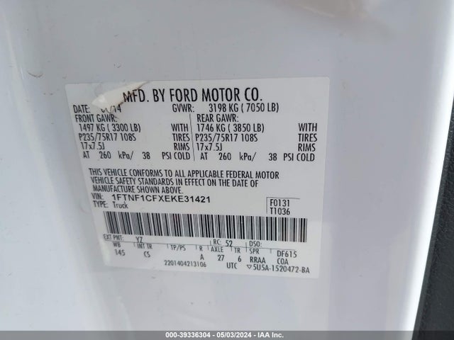 Ford F-150 Xl 2014 1FTNF1CFXEKE31421 Image 9