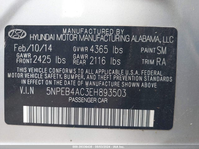 Hyundai SONATA GLS 2014 5NPEB4AC3EH893503 Image 9