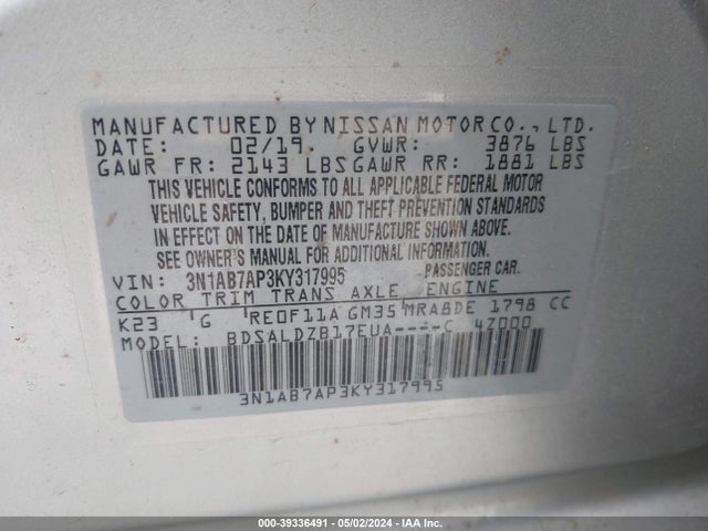 Nissan SENTRA SV 2019 3N1AB7AP3KY317995 Image 9