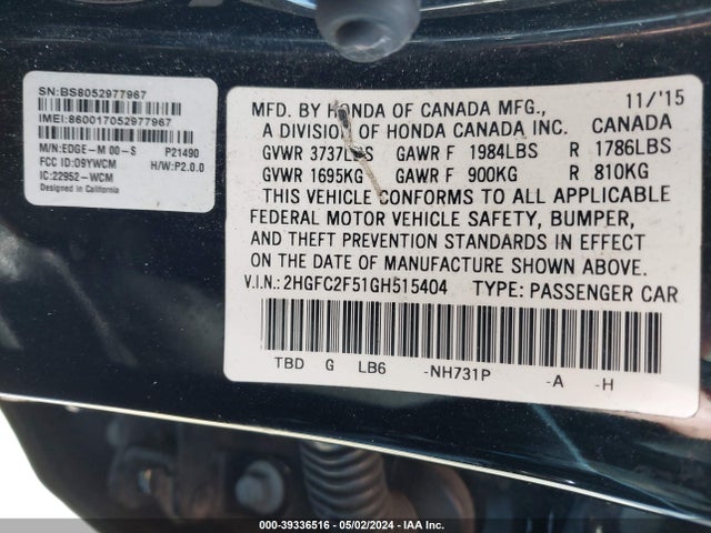 Honda Civic Lx 2016 2HGFC2F51GH515404 Image 9