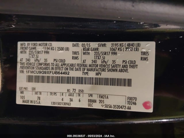 Ford ESCAPE SE 2015 1FMCU9G9XFUB64492 Image 9
