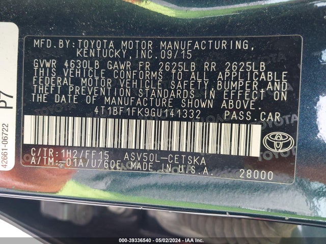 Toyota CAMRY SE 2016 4T1BF1FK9GU141332 Image 9