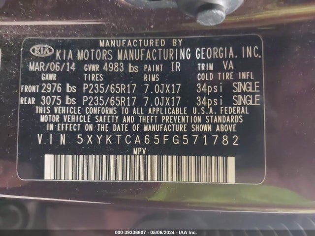 KIA SORENTO LX 2015 5XYKTCA65FG571782 Image 9
