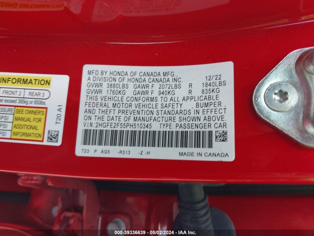 Honda Civic Sport 2023 2HGFE2F55PH510345 Image 9