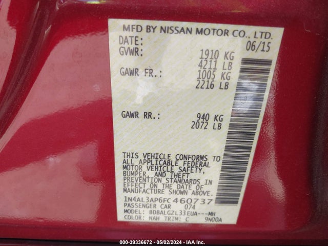 Nissan Altima 2.5 S 2015 1N4AL3AP6FC460737 Image 9