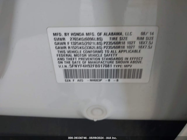 Honda Pilot Touring 2015 5FNYF4H92FB017081 Image 9
