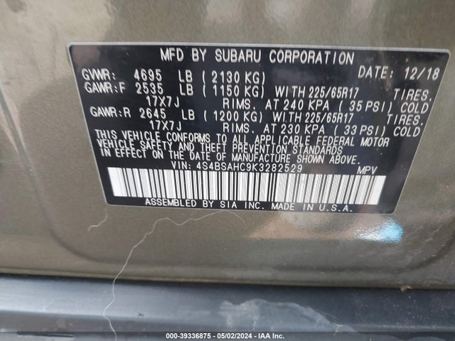 39336875 :رقم المزاد ، 4S4BSAHC9K3282529 vin ، 2019 Subaru Outback 2.5i Premium مزاد بيع