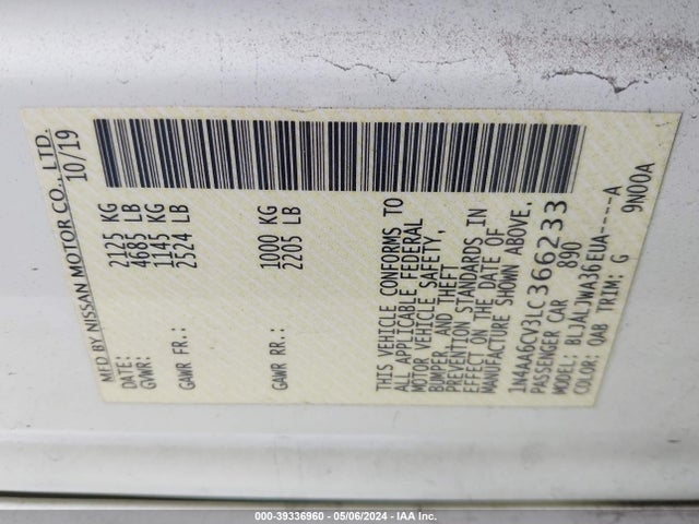 Nissan Maxima Sv Xtronic Cvt 2020 1N4AA6CV3LC366233 Image 9