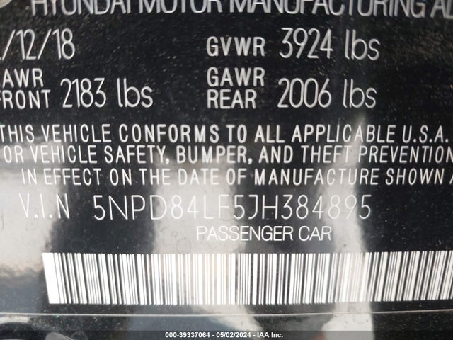 Hyundai ELANTRA SEL 2018 5NPD84LF5JH384895 Image 9