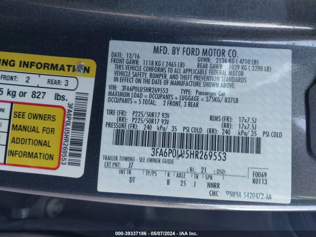 Ford Fusion Hybrid Se 2017 3FA6P0LU5HR269553 Image 9