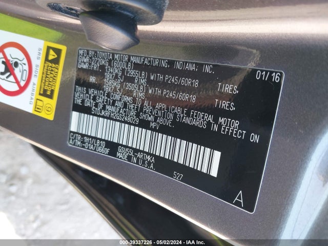 Toyota Highlander Xle V6 2016 5TDJKRFH2GS248029 Image 9