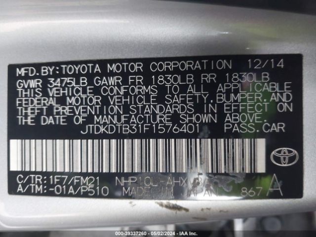 JTDKDTB31F1576401 Toyota Prius C Two