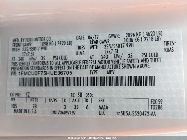 1FMCU0F75HUE36705 Ford ESCAPE S