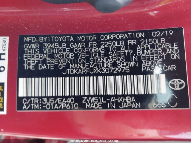 JTDKARFUXK3072975 Toyota Prius Limited