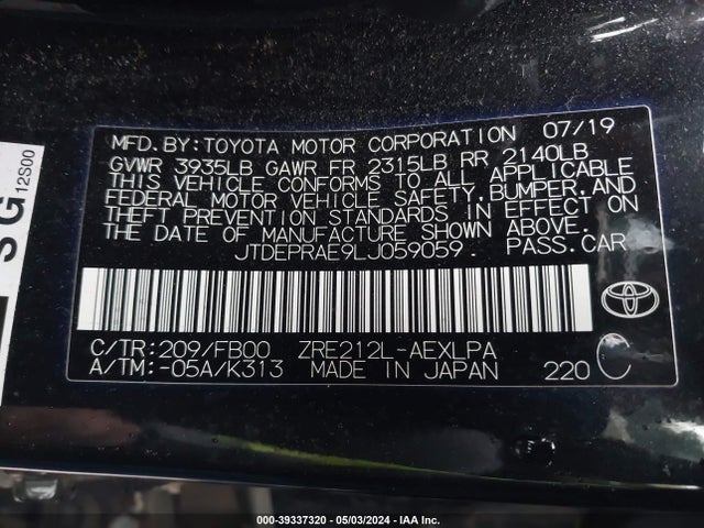 Toyota COROLLA LE 2020 JTDEPRAE9LJ059059 Image 9