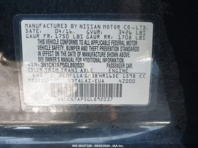 3N1CN7AP5GL892037 Nissan Versa 1.6 S+