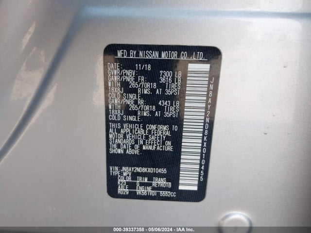 Nissan ARMADA SV 2019 JN8AY2ND8KX010455 Image 9