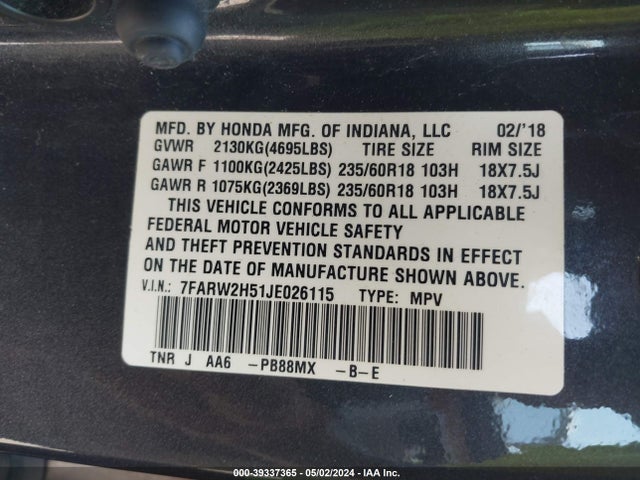 Honda CR-V EX 2018 7FARW2H51JE026115 Image 9