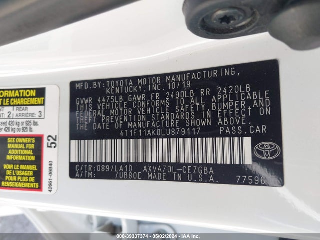 Toyota CAMRY XLE 2020 4T1F11AK0LU879117 Image 9