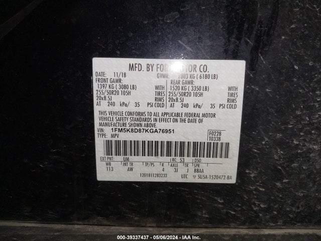 Ford EXPLORER XLT 2019 1FM5K8D87KGA76951 Image 9