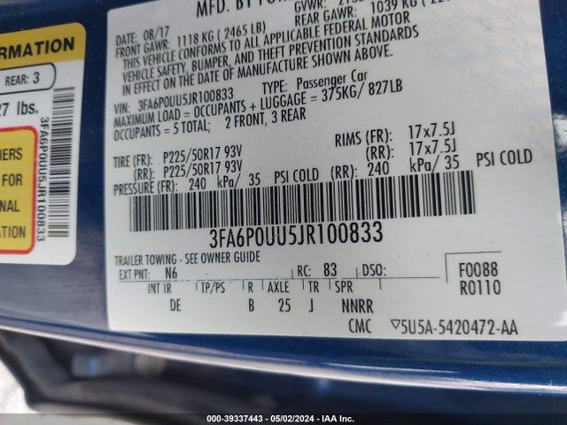 Ford Fusion Hybrid S 2018 3FA6P0UU5JR100833 Image 9