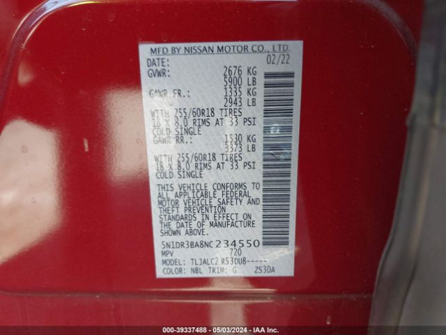 5N1DR3BA8NC234550 Nissan Pathfinder Sv 2wd