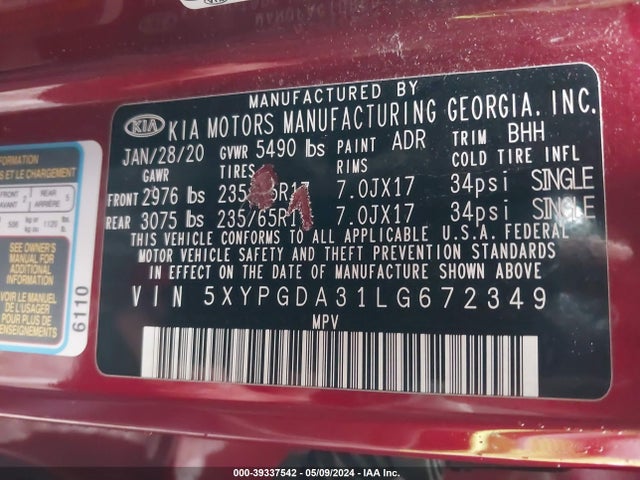 KIA Sorento 2.4l Lx 2020 5XYPGDA31LG672349 Image 9