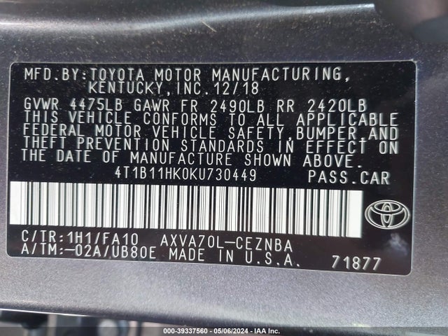 Toyota CAMRY LE 2019 4T1B11HK0KU730449 Image 9