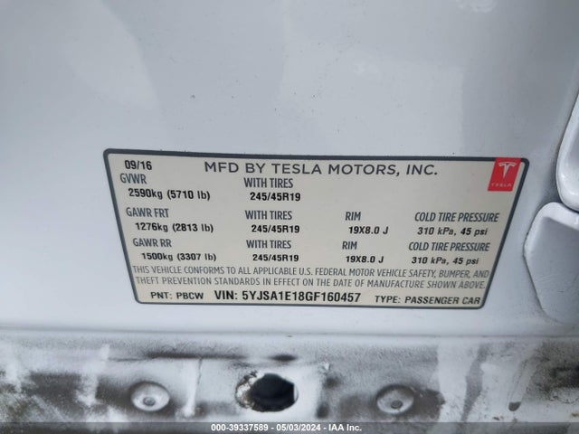 Tesla Model S 60/70/75/85 2016 5YJSA1E18GF160457 Image 9