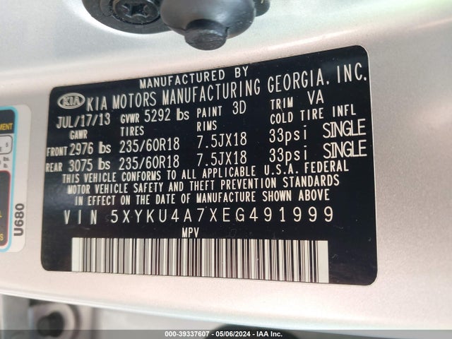 KIA Sorento Ex V6 2014 5XYKU4A7XEG491999 Image 9