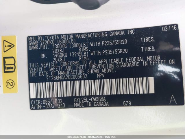2T2BGMCA2GC005602 Lexus RX 450H