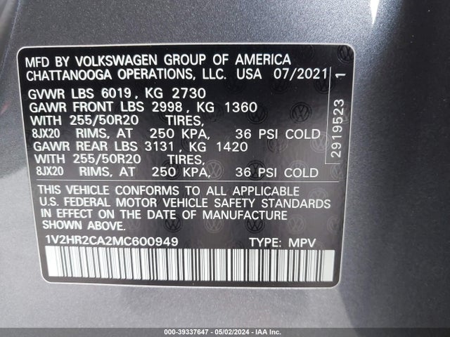 1V2HR2CA2MC600949 Volkswagen Atlas 3.6l V6 Se W/technology