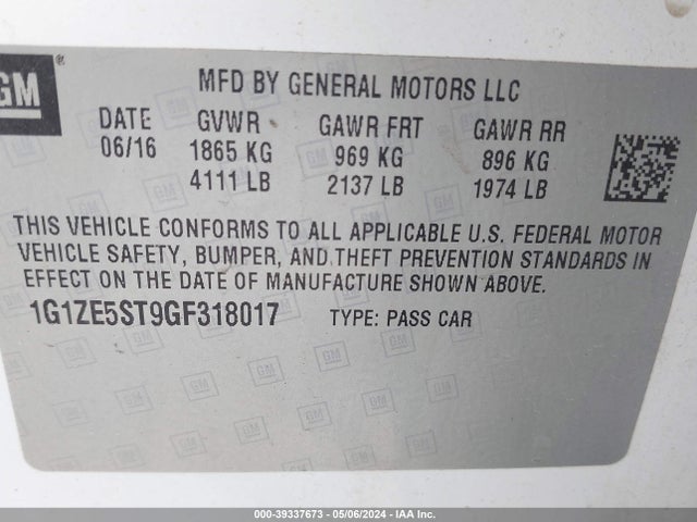 Chevrolet MALIBU 1LT 2016 1G1ZE5ST9GF318017 Image 9