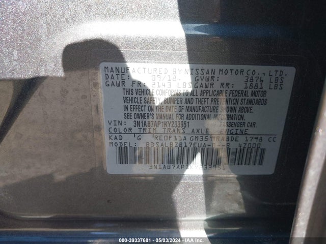 Nissan SENTRA S 2019 3N1AB7AP1KY233951 Image 9