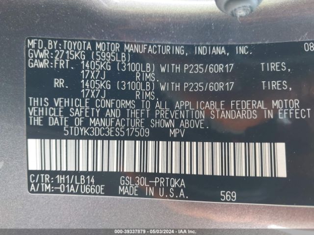 5TDYK3DC3ES517509 Toyota Sienna Xle V6 8 Passenger