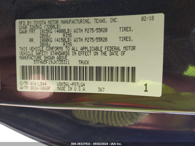 5TFHW5F19JX735311 Toyota Tundra Limited 5.7l V8