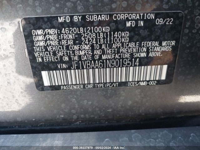 2022 SUBARU WRX JF1VBAA61N9019514 Photo 8