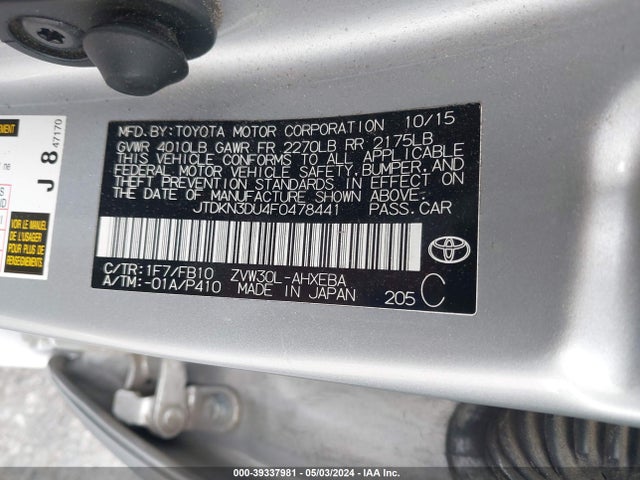 Toyota Prius Two 2015 JTDKN3DU4F0478441 Image 9
