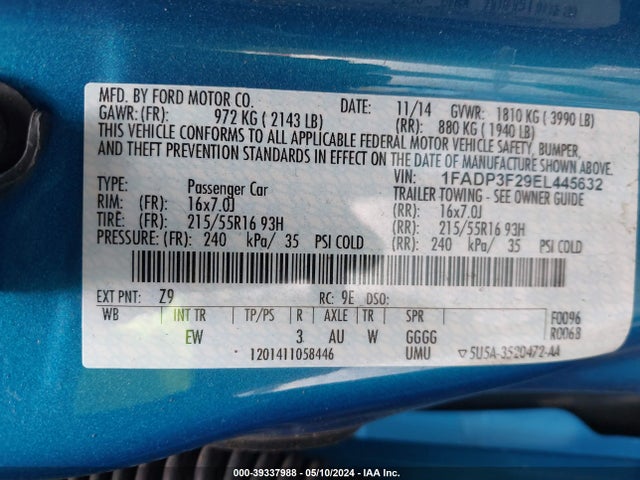Ford FOCUS SE 2014 1FADP3F29EL445632 Image 9