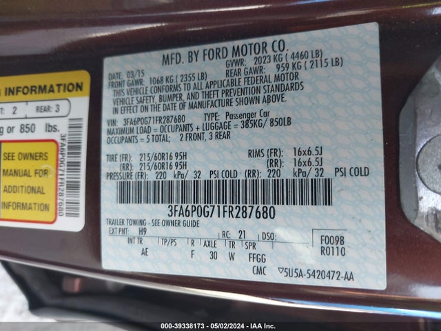 Ford FUSION S 2015 3FA6P0G71FR287680 Image 9