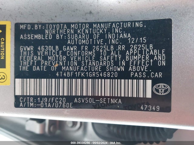 Toyota CAMRY LE 2016 4T4BF1FK1GR546820 Image 9