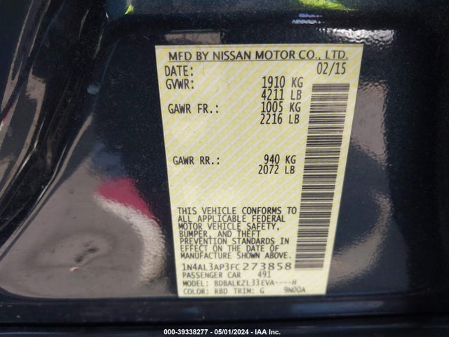 Nissan Altima 2.5 Sv 2015 1N4AL3AP3FC273858 Image 9